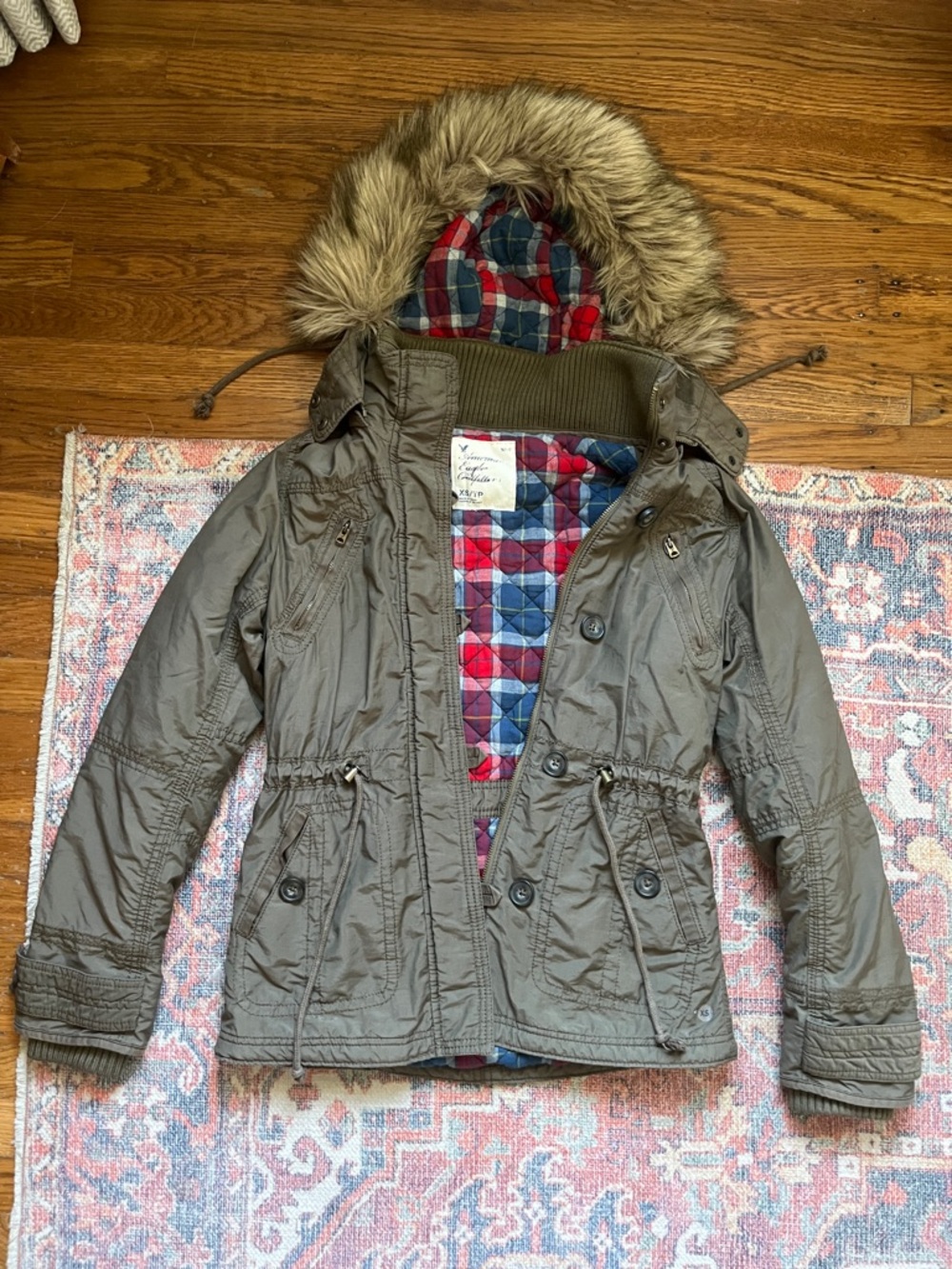 NWOT VTG 2009 Y2K American Eagle Jacket Military Parka Fur Flannel Plaid XS
